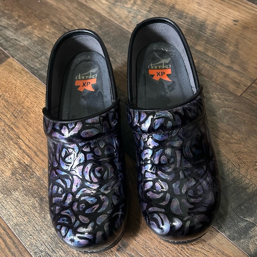 Dansko Black and Purple Floral Clogs size 36